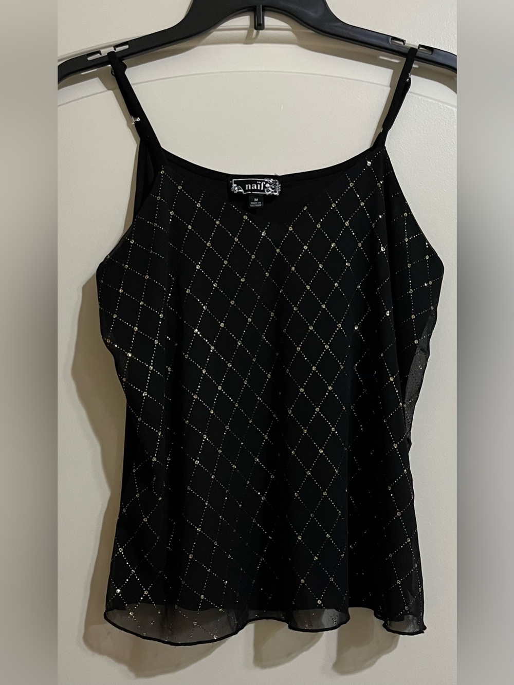 Naïf Black Gold Sparkle Diamond Grid V-Neck Spaghetti Strap Top Blouse M